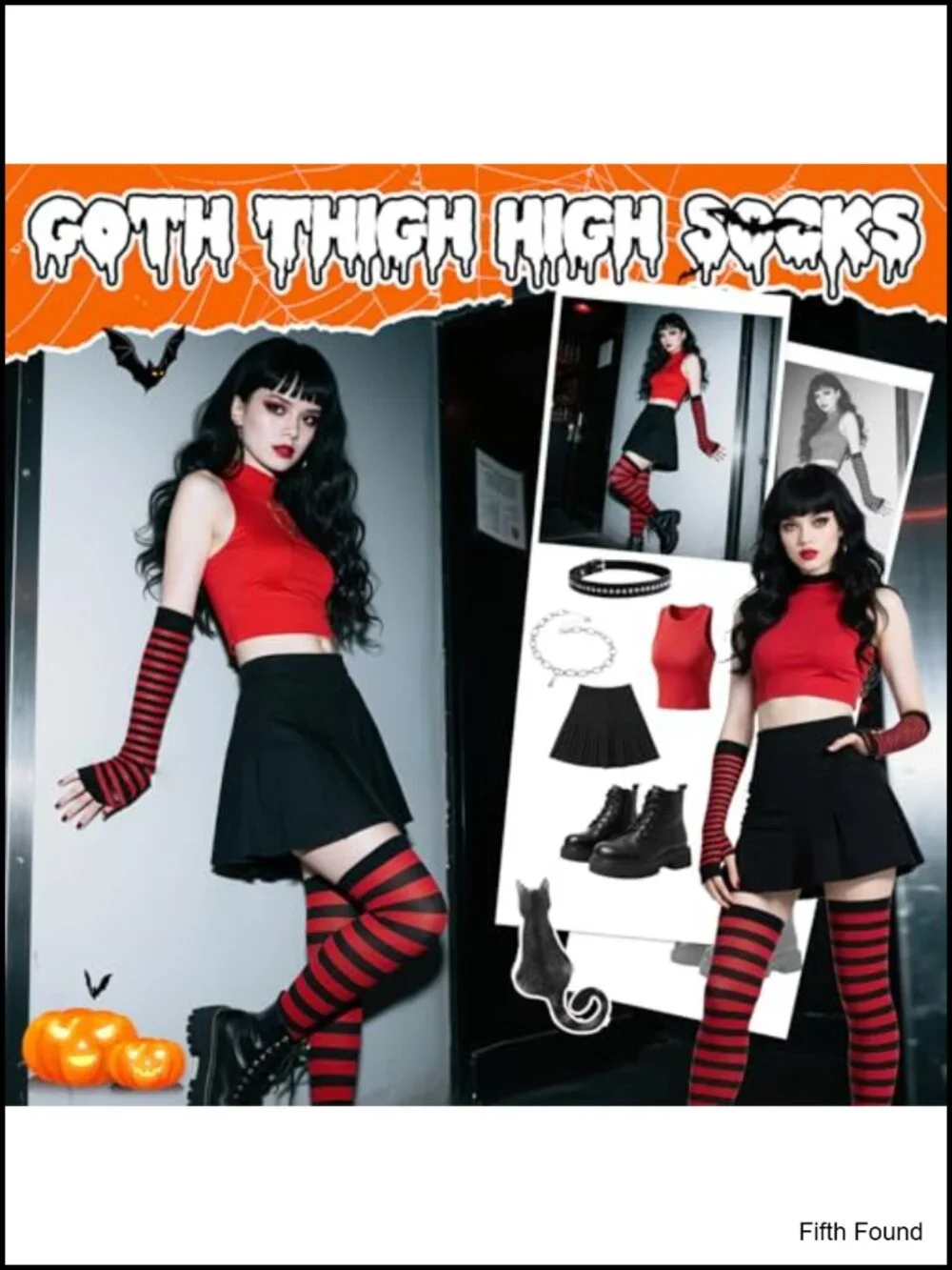 Women Striped Thigh High Socks & Fingerless Gloves Set